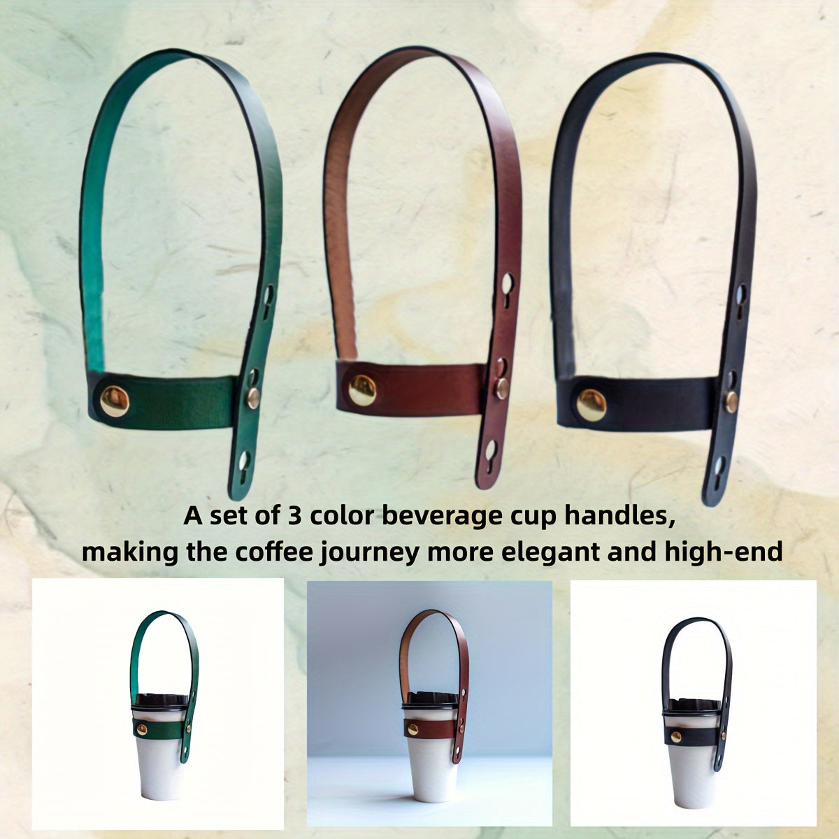 3 Pcs Faux Leather Coffee Cup Holders with Adjustable Straps - Perfect for Outdoor Adventures, Travel & Cruises - Vintage Green, Classic Brown, Deep Black - Hiccupzz