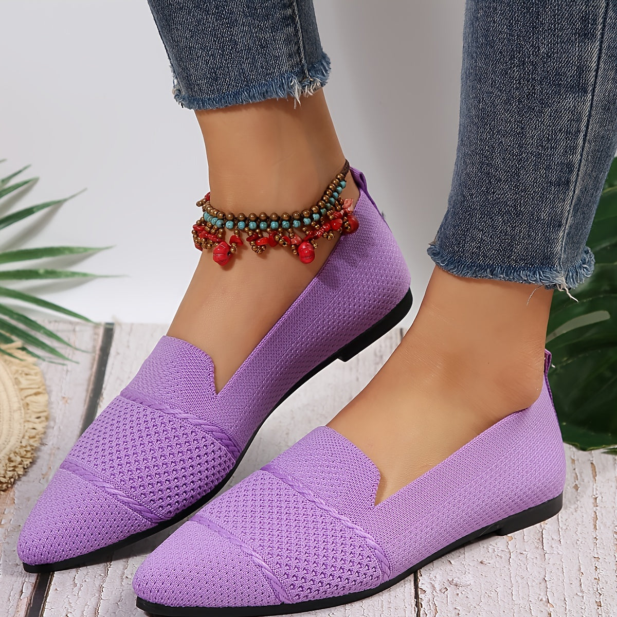 Women's Minimalist Slip-On Knitted Flats, Point Toe, Soft Sole Ballets, Lightweight Comfort - Hiccupzz