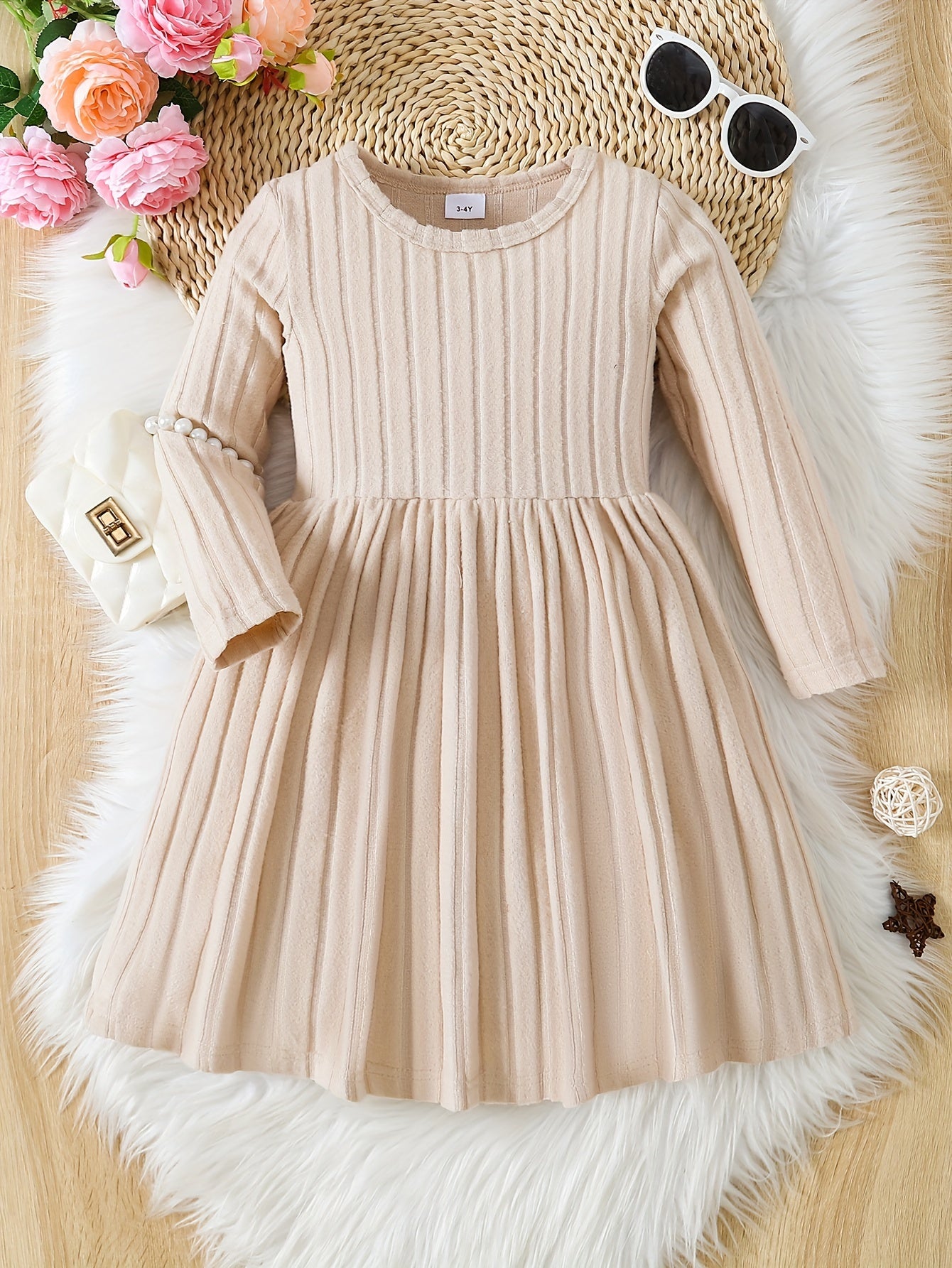 Girls Solid Color Dress, Simple Versatile, Round Neck, Long Sleeve - Hiccupzz