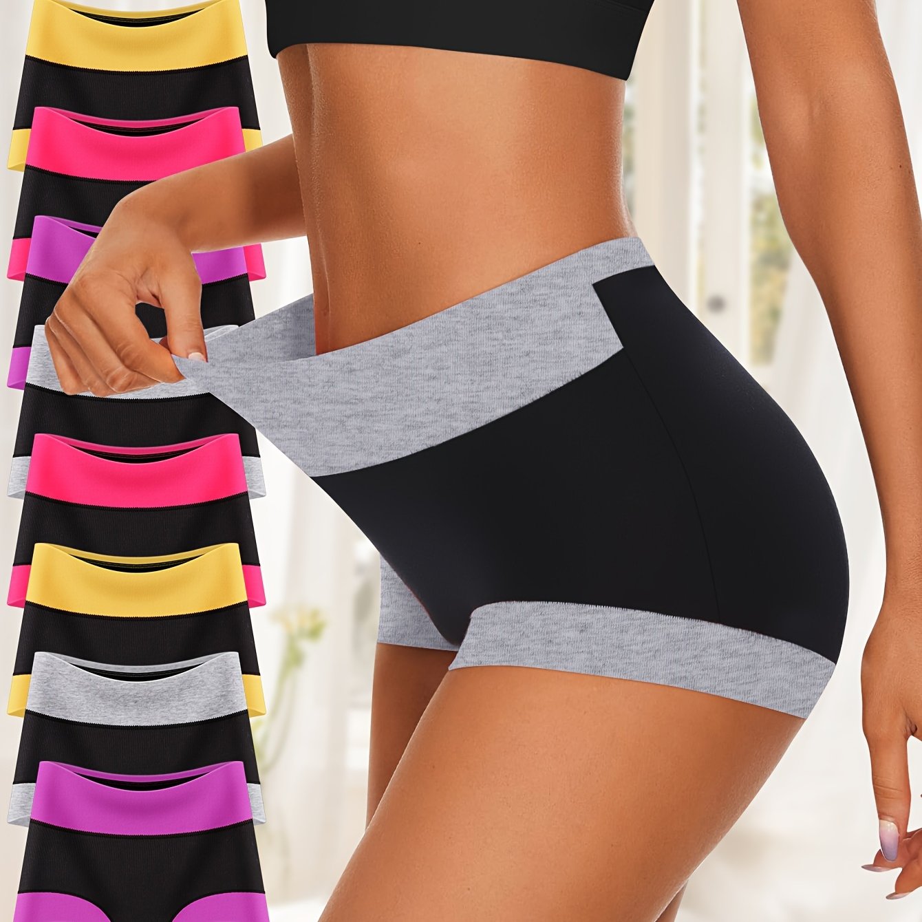 8pcs Women's Boyshorts High Waist Briefs, Boxer Briefs, Soft, Comfortable, Contrast Color, Light Tummy Control - Hiccupzz