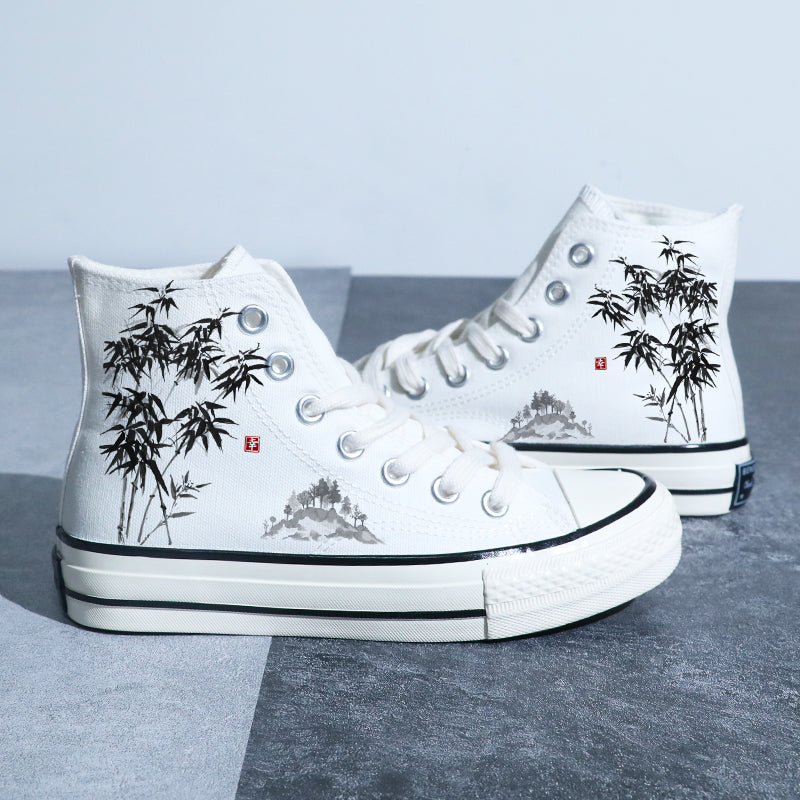 Chinese Style Canvas Shoes Retro Landscape Painting Lotus Pond Bamboo Forest Student High-top Board Shoe - Hiccupzz