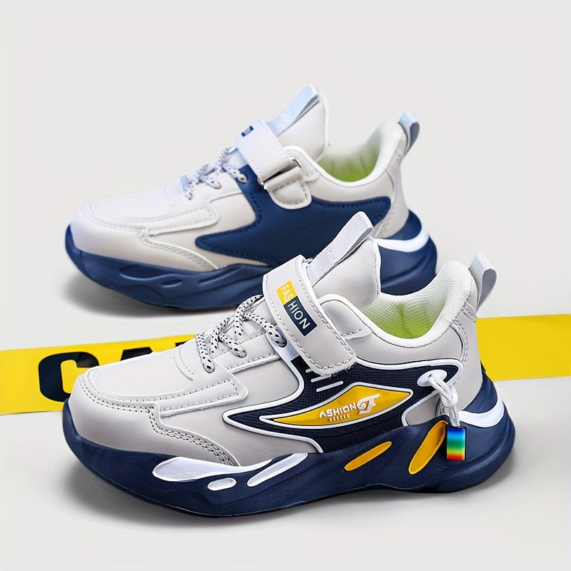 Boys' Sports Casual Running Shoes, Lightweight Microfiber Leather with Hook & Loop, Round Toe, EVA Sole, Striped All-Season Sneakers. - Hiccupzz