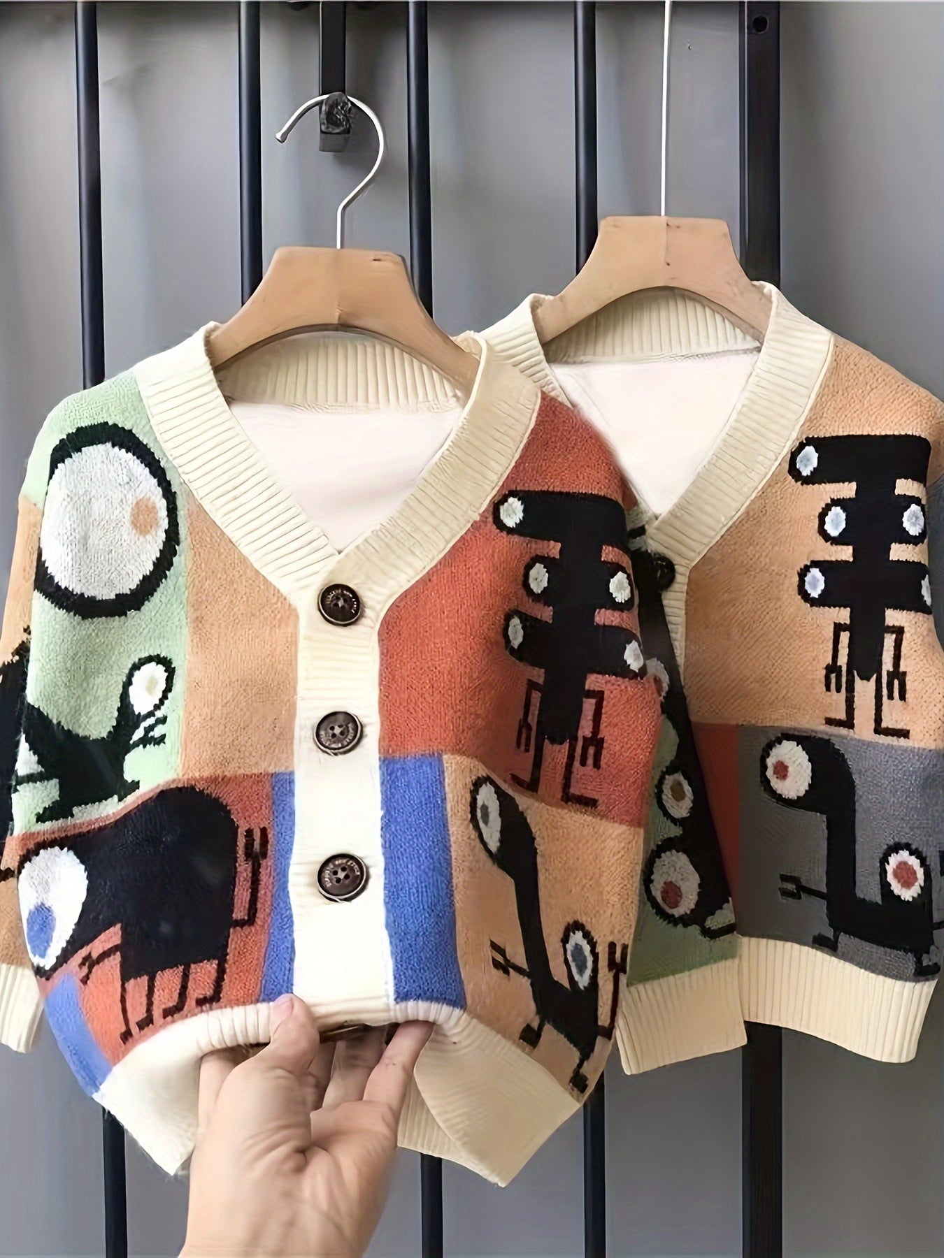 Boys' Cozy Knit Cardigan Sweater, Cartoon Design, V-Neck, Stretchy, Machine Washable - Hiccupzz