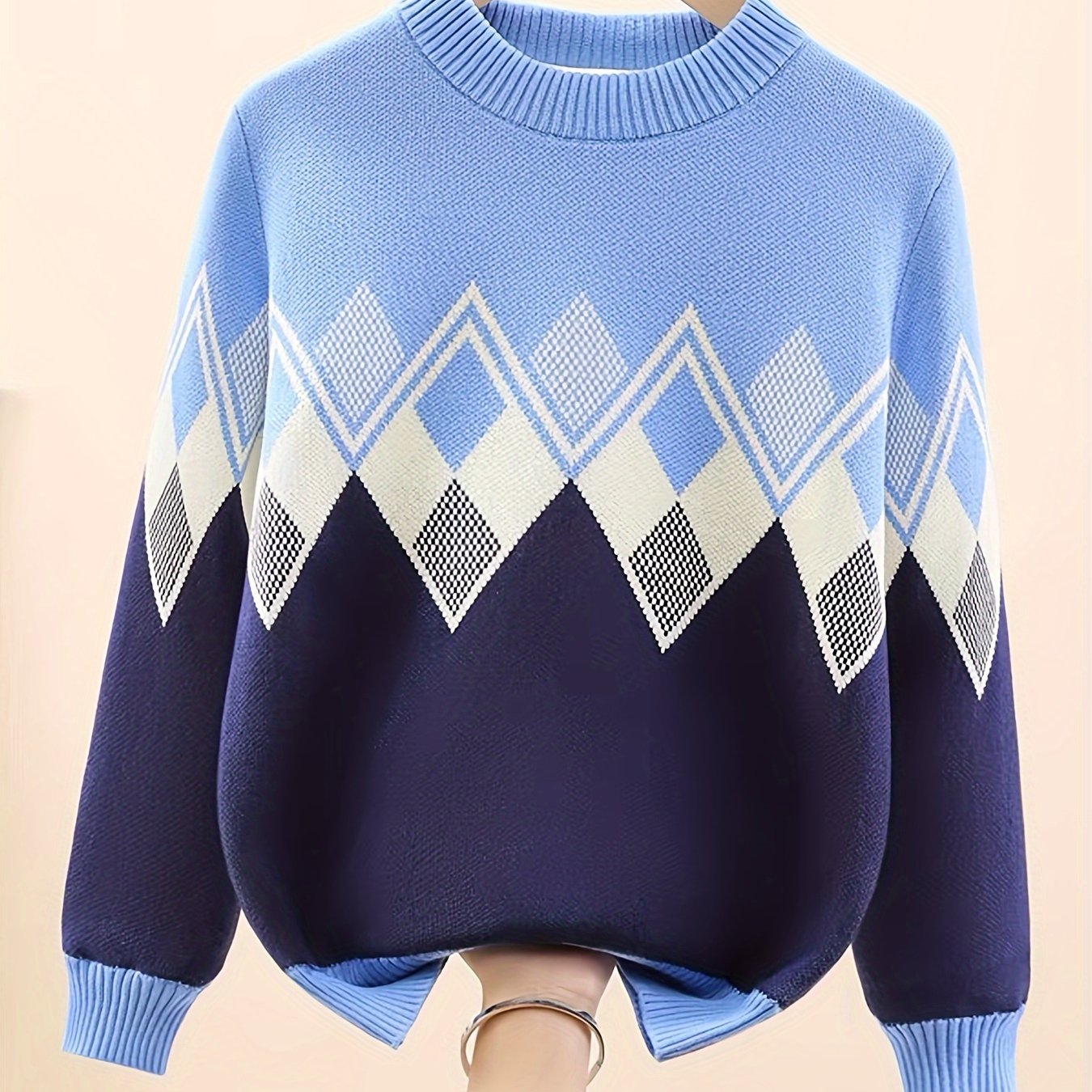 Boys Jacquard Sweater, Warm, Stretchy, Round Neck, Long Sleeve - Hiccupzz
