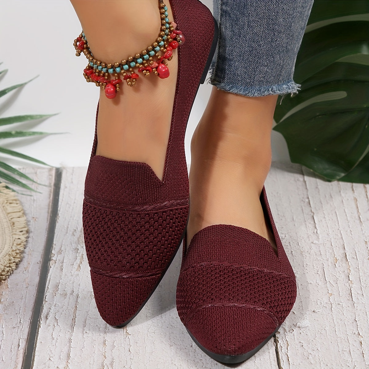 Women's Minimalist Slip-On Knitted Flats, Point Toe, Soft Sole Ballets, Lightweight Comfort - Hiccupzz