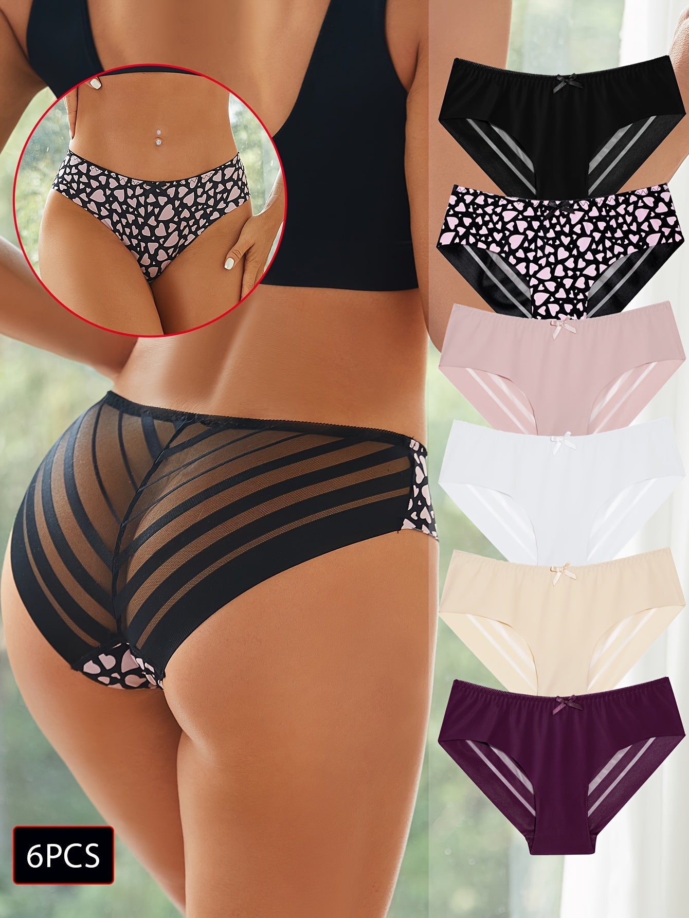 6-Pack Sexy Mesh Briefs, Breathable Stretchy Women's Lingerie Panties for Everyday Comfort - Hiccupzz