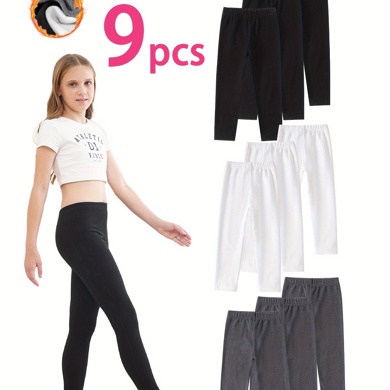 9 Pcs girls' velvet thermal leggings set, solid color, high stretch, comfortable warm pants - Hiccupzz