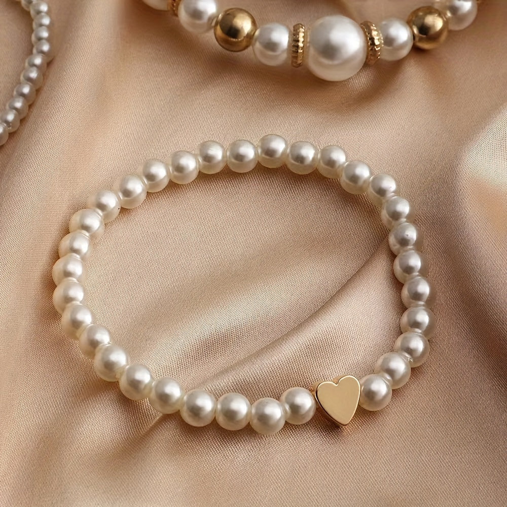 4-Piece Elegant Faux Pearl Beaded Bracelets – Women's Fashion Luxury Stackable Wristbands for Sophisticated Charm Jewelry - Hiccupzz