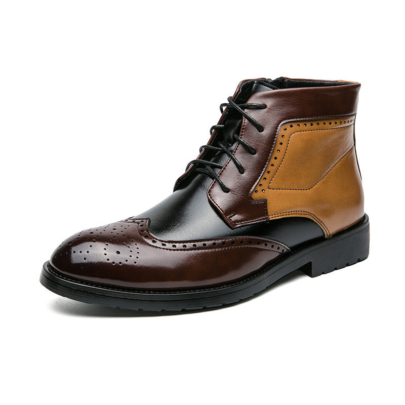 Men's High-top Leather Shoes Tide Contrast Color Casual - Hiccupzz