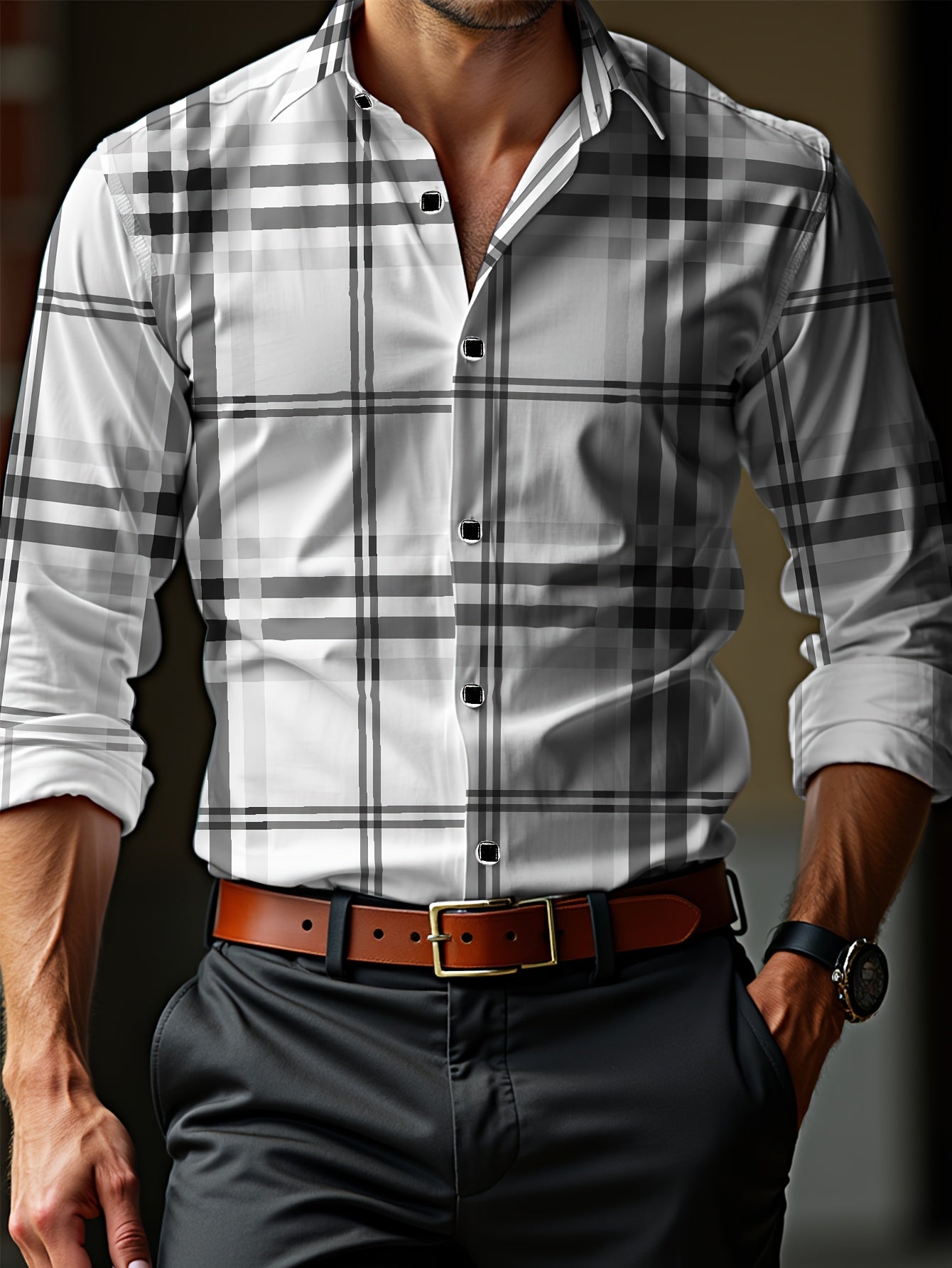 Slim Fit Plaid Button-Down Shirt with Hexagon Buttons and Silver Edging, Men's Preppy Casual Style - Hiccupzz