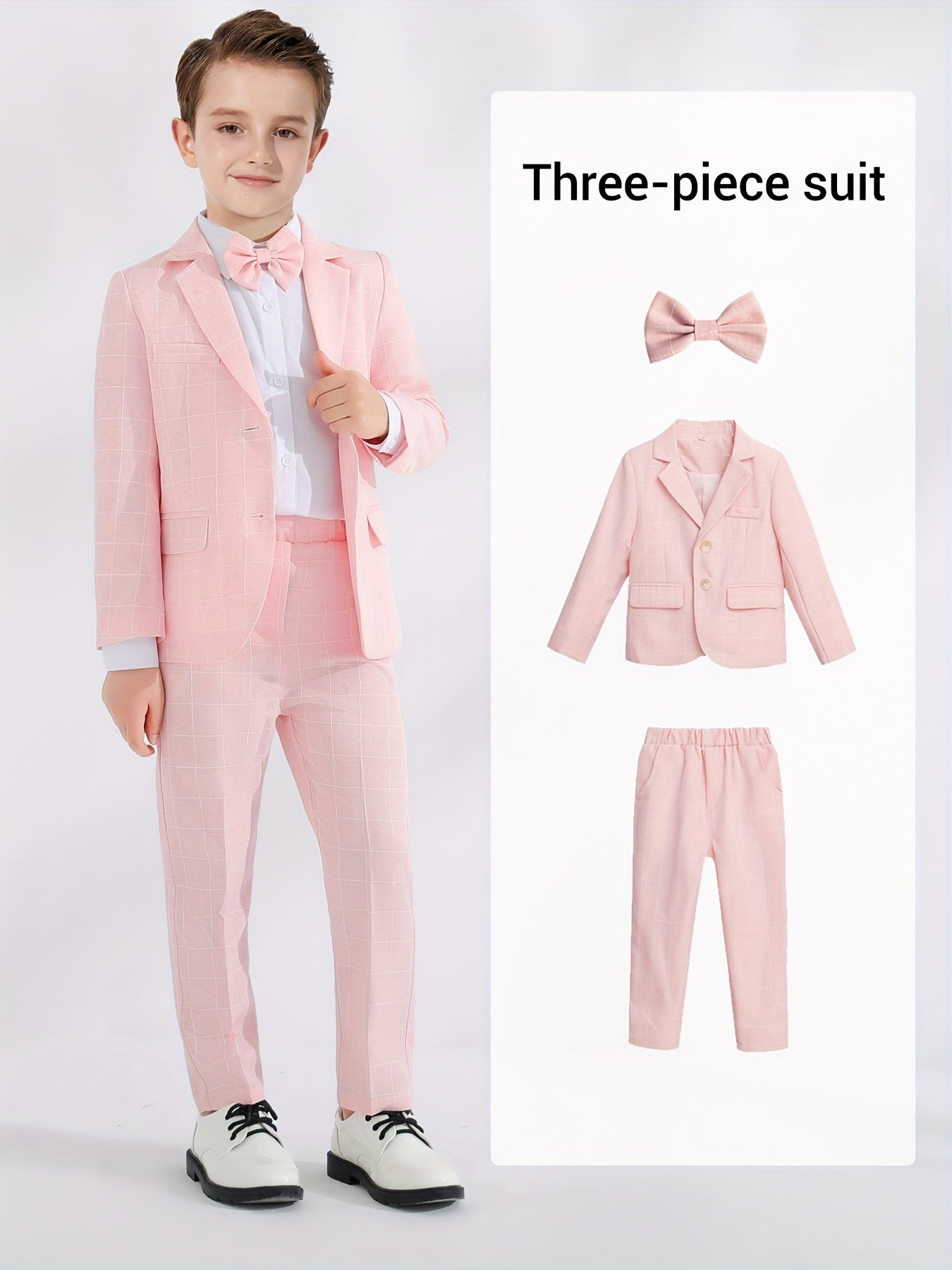 3-Pcs Boys Formal Plaid Gentleman Outfits, Long Sleeve Blazer, Bowtie, Pants Set - Hiccupzz