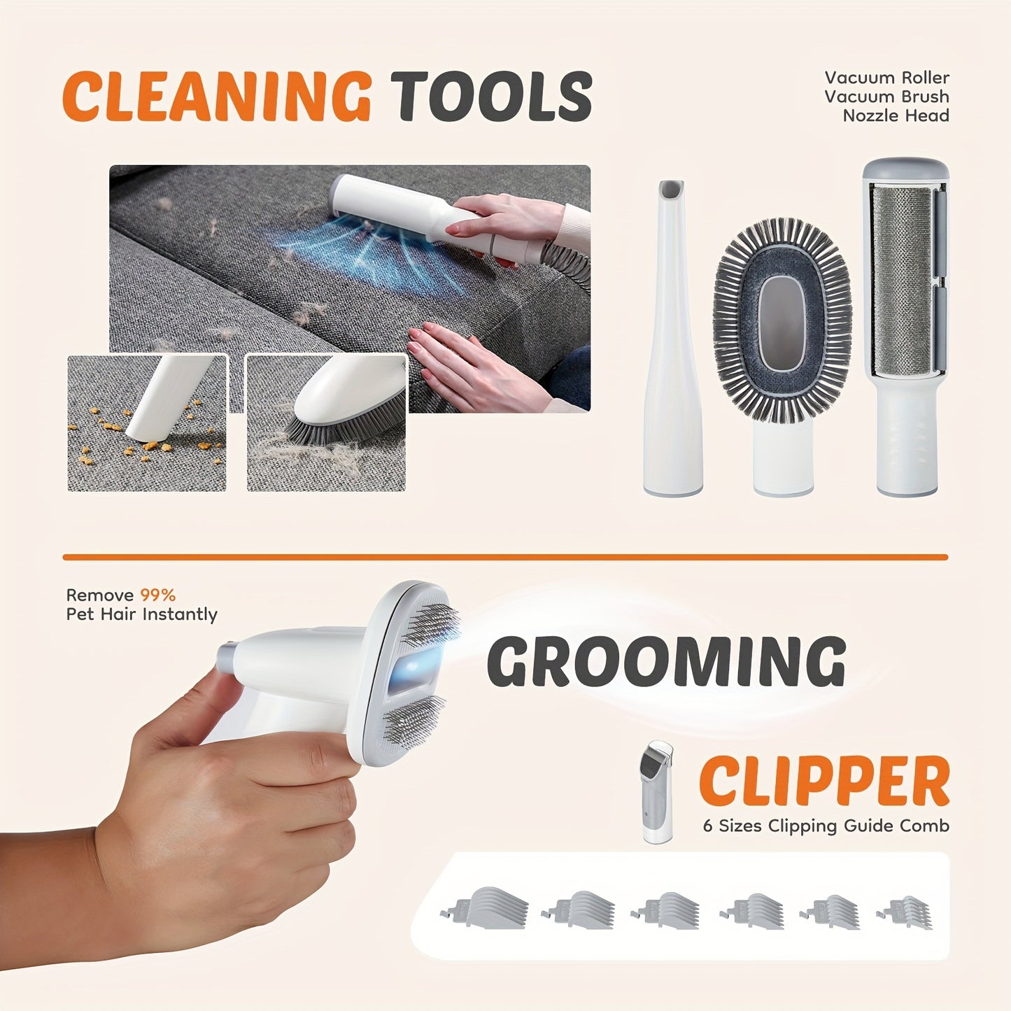 Pet Grooming Vacuum Kit 5 in 1 - Strong Suction Power, 99% Pet Hair Removal, Professional Clippers with 6 Guide Combs, Multifunctional Grooming Tools for Dogs, Cats, and Other Animals - Hiccupzz