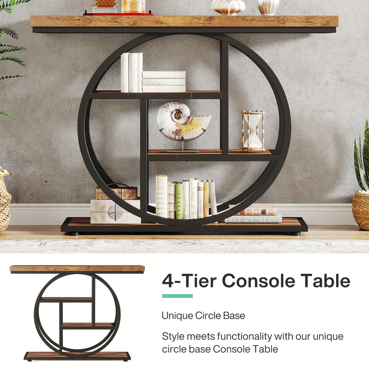 41.3" Console Table, 4-Tier Entryway Sofa Table with Circle Base, Rustic Brown Accent Table for Living Room & Hallway