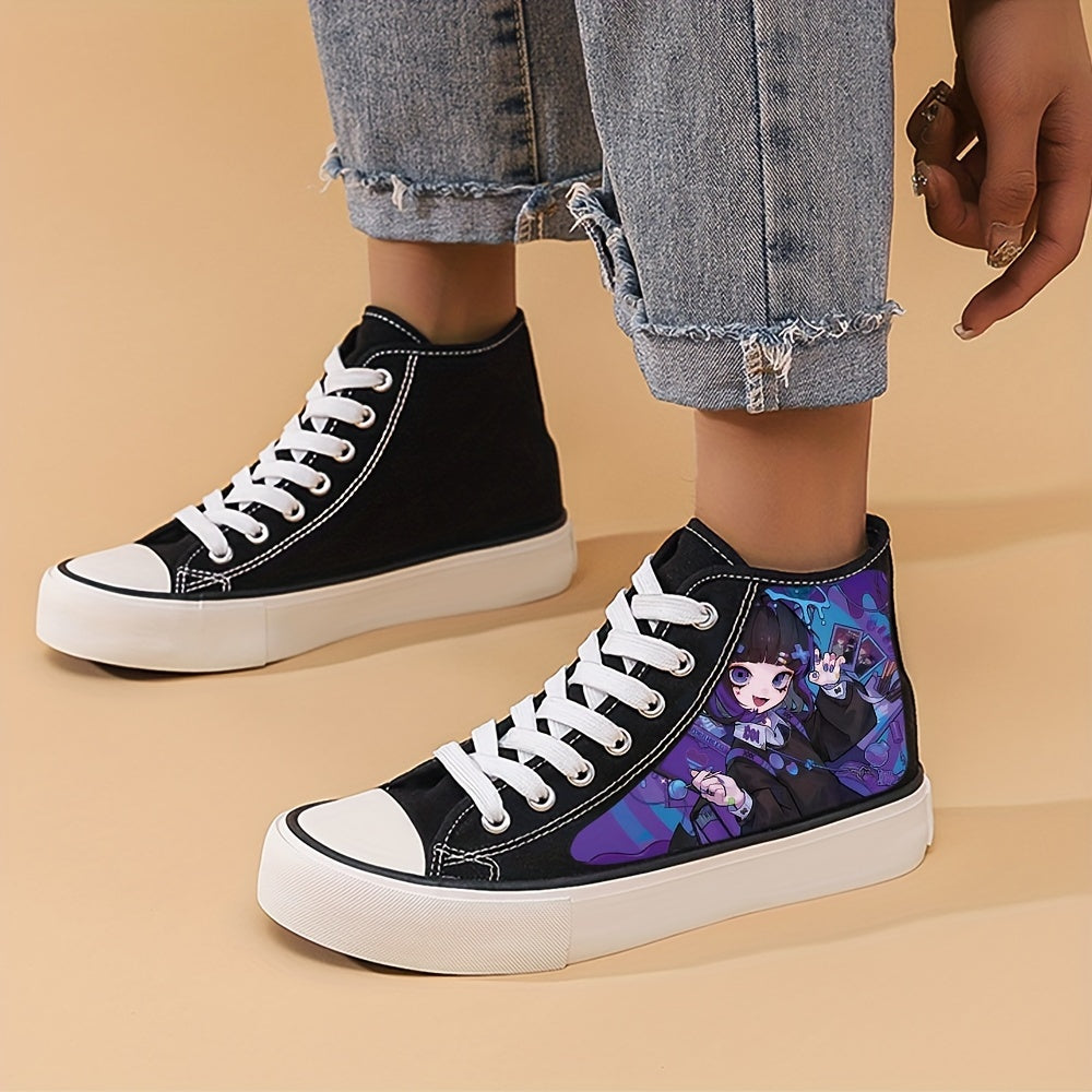 Women's Anime Beauty Print Shoes, Lace Up Comfy Platform Daily Skate Shoes, Lightweight High-top Canvas Shoes - Hiccupzz