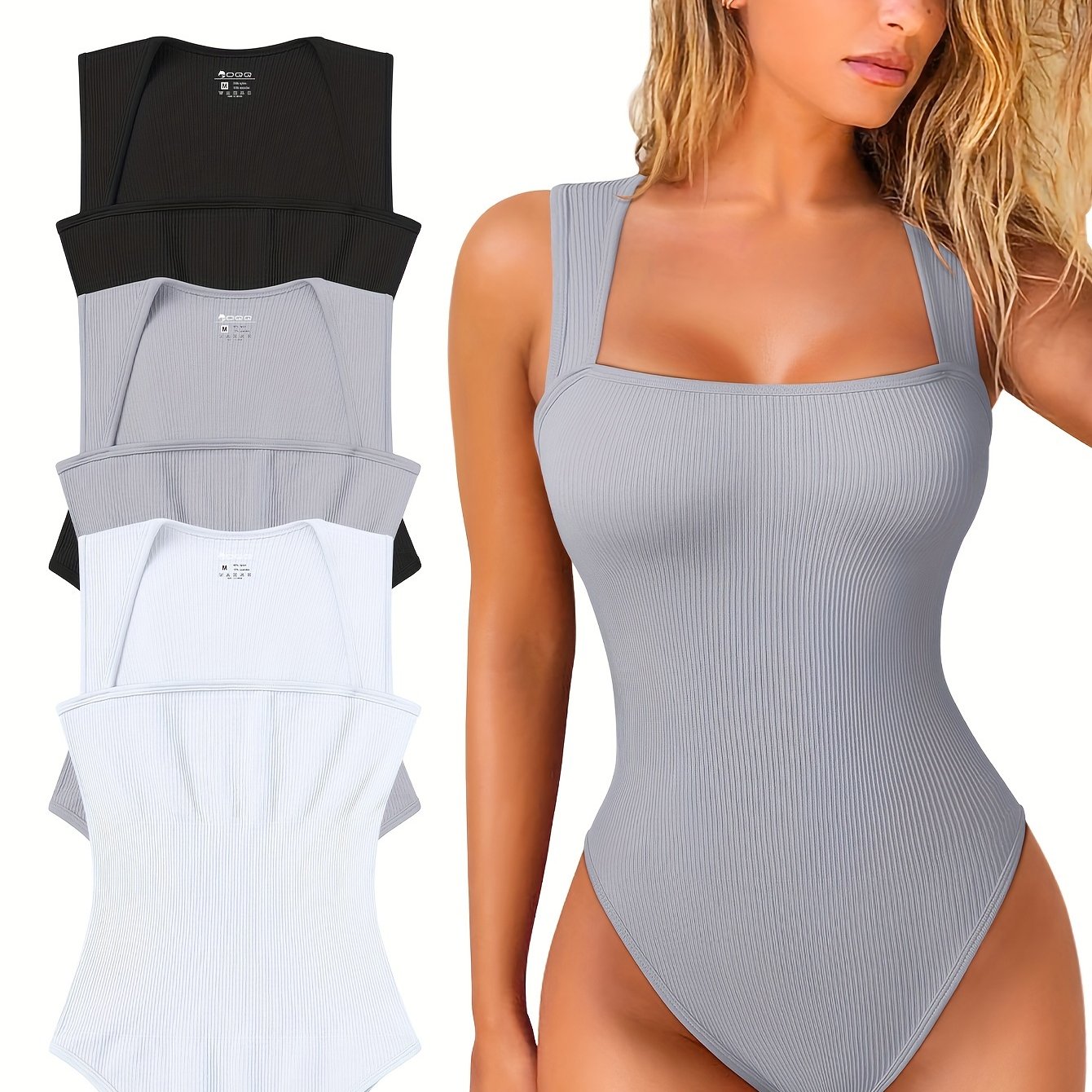 OQQ 3 Piece Bodysuits For Women Sexy Ribbed Strappy Square Neck Stretch Tank Tops Bodysuits - Hiccupzz