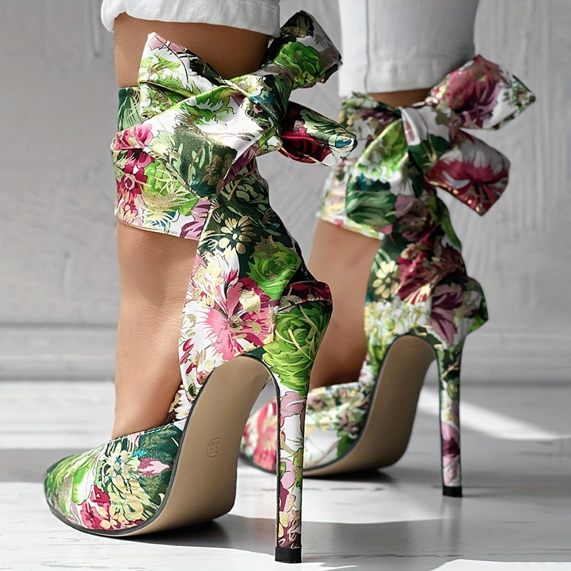 Floral Satin High Heels - Elegant Pointed Toe Lace Up Stilettos for Parties and Dressy Occasions - Hiccupzz