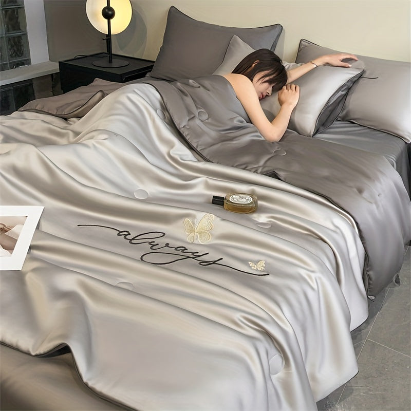 Luxury Embroidered Ice Silk Summer Quilt - Cooling, Lightweight Bedding For All Seasons, Machine Washable (Pillowcase Not Included) - Hiccupzz