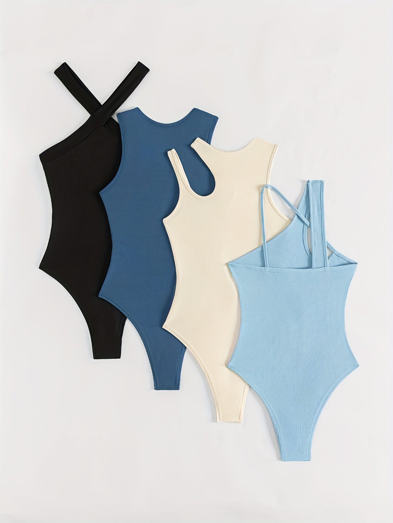 4 pack Trendy Asymmetrical Shoulder Bodysuits for Women - Comfortable and Stylish Solid Bodysuits - Hiccupzz