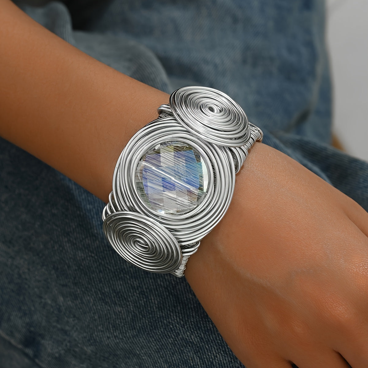 Exquisite Bohemian Style Handmade Open Bangle Bracelet, Round Aluminum Alloy Wire Wrapped, Artificial Crystal Decor - Hiccupzz