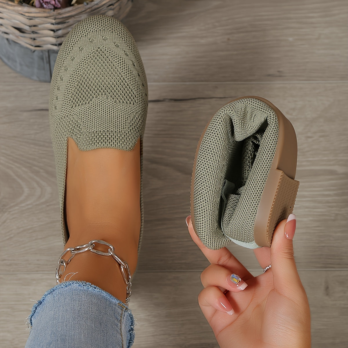 Women's Black Slip-On Flats - Breathable Knitted Round Toe Non-Slip Casual Lightweight Walking Shoes - Hiccupzz