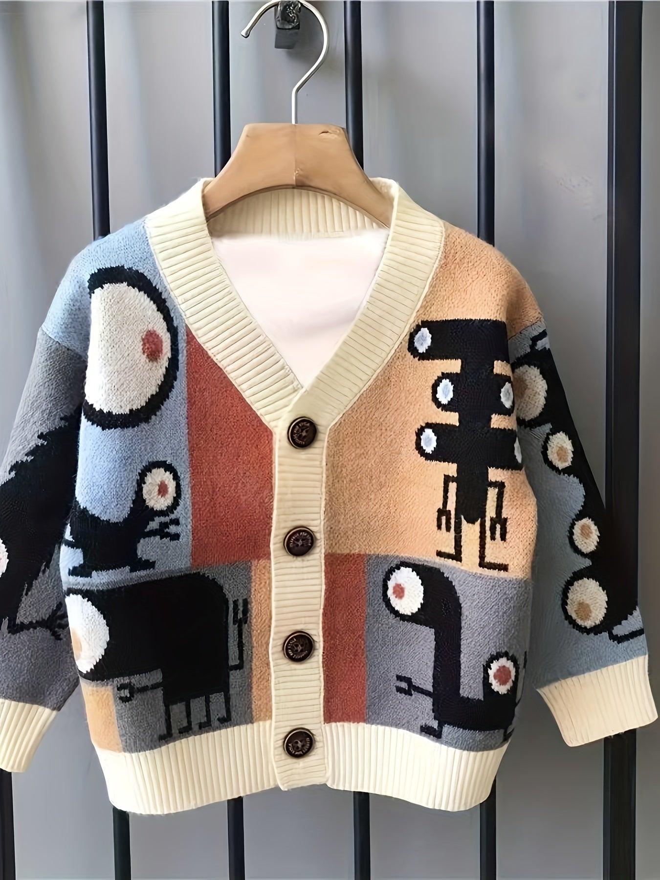 Boys' Cozy Knit Cardigan Sweater, Cartoon Design, V-Neck, Stretchy, Machine Washable - Hiccupzz