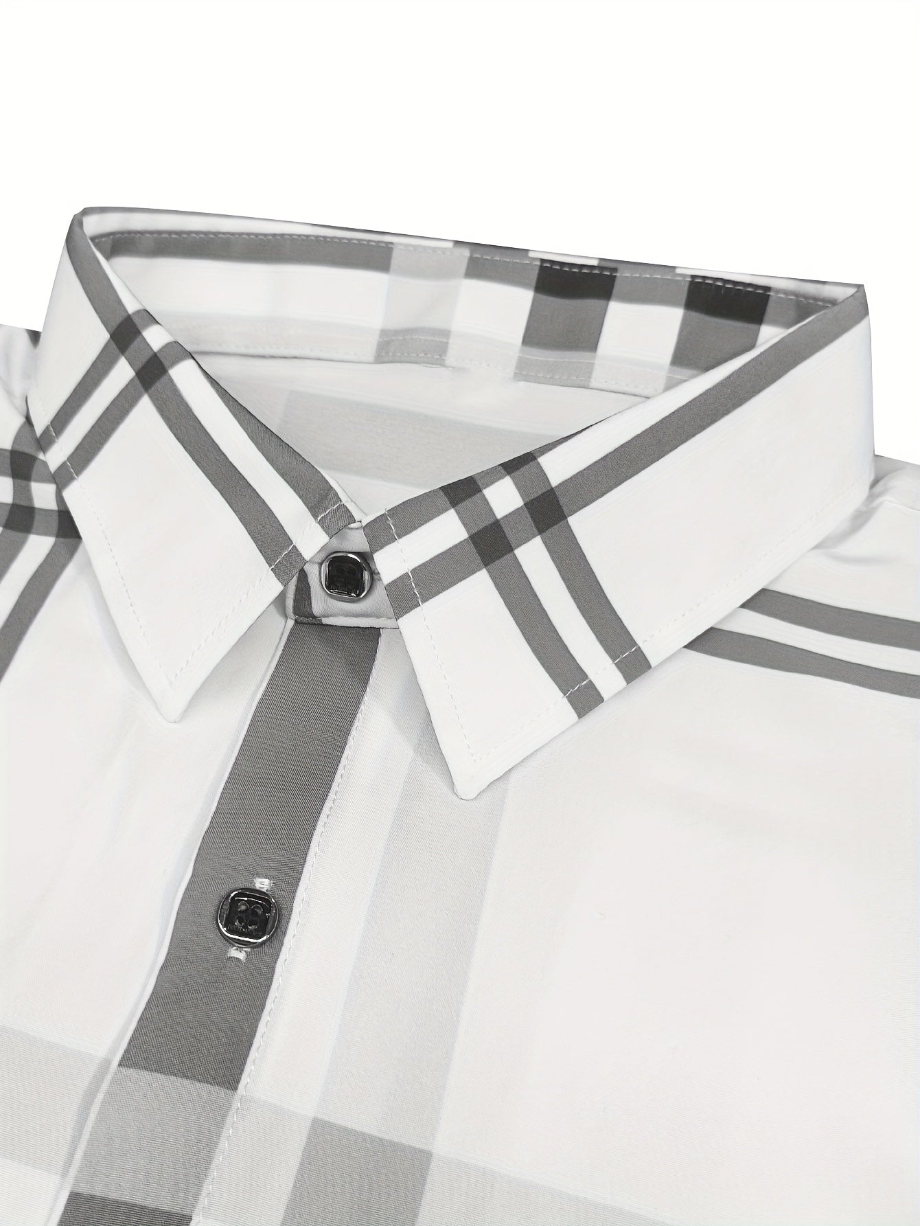 Slim Fit Plaid Button-Down Shirt with Hexagon Buttons and Silver Edging, Men's Preppy Casual Style - Hiccupzz