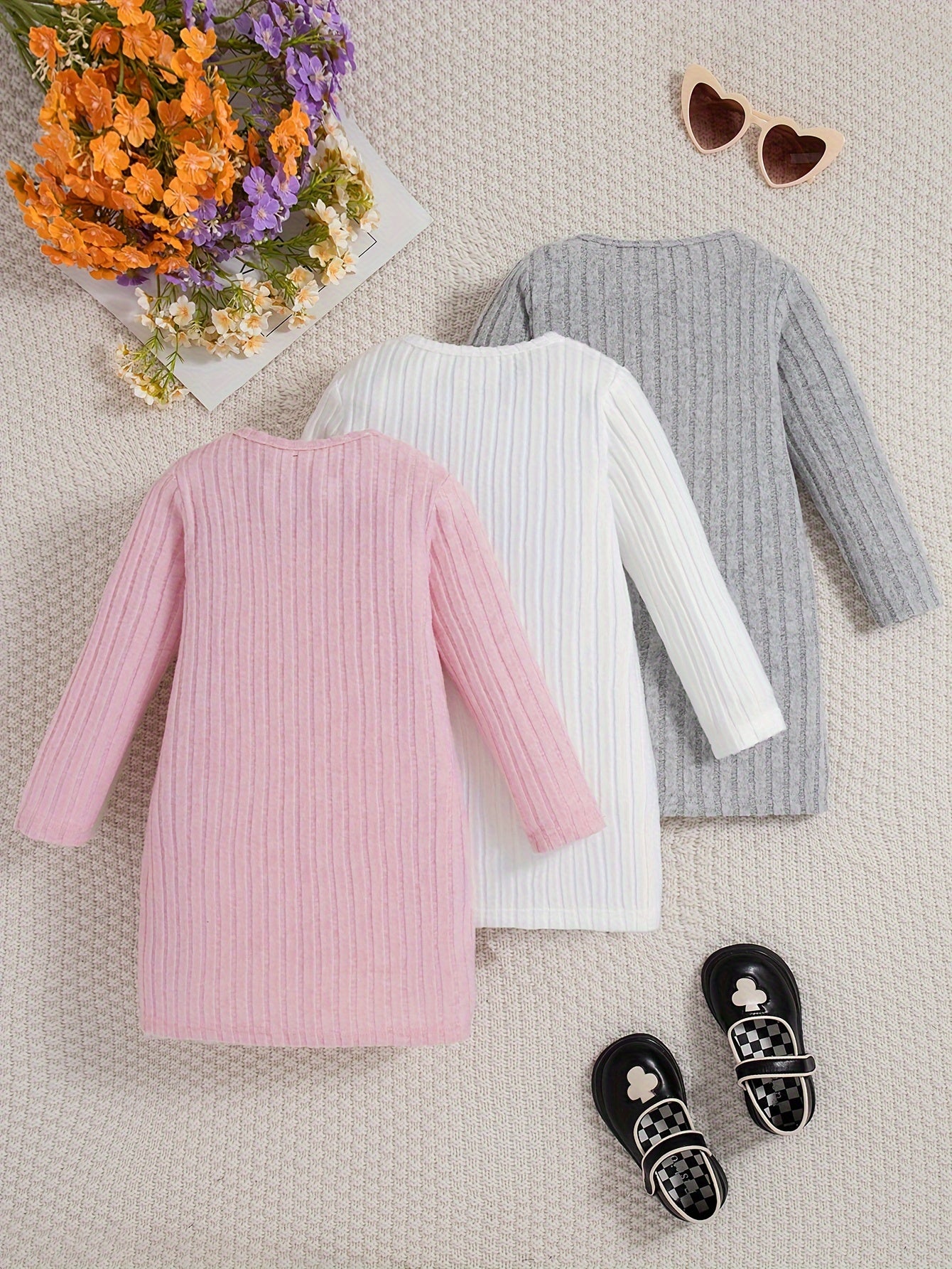 3 Pcs Girls Ribbed Knit Dress Set, Comfy & Elegant, Spring/Fall Dresses - Hiccupzz