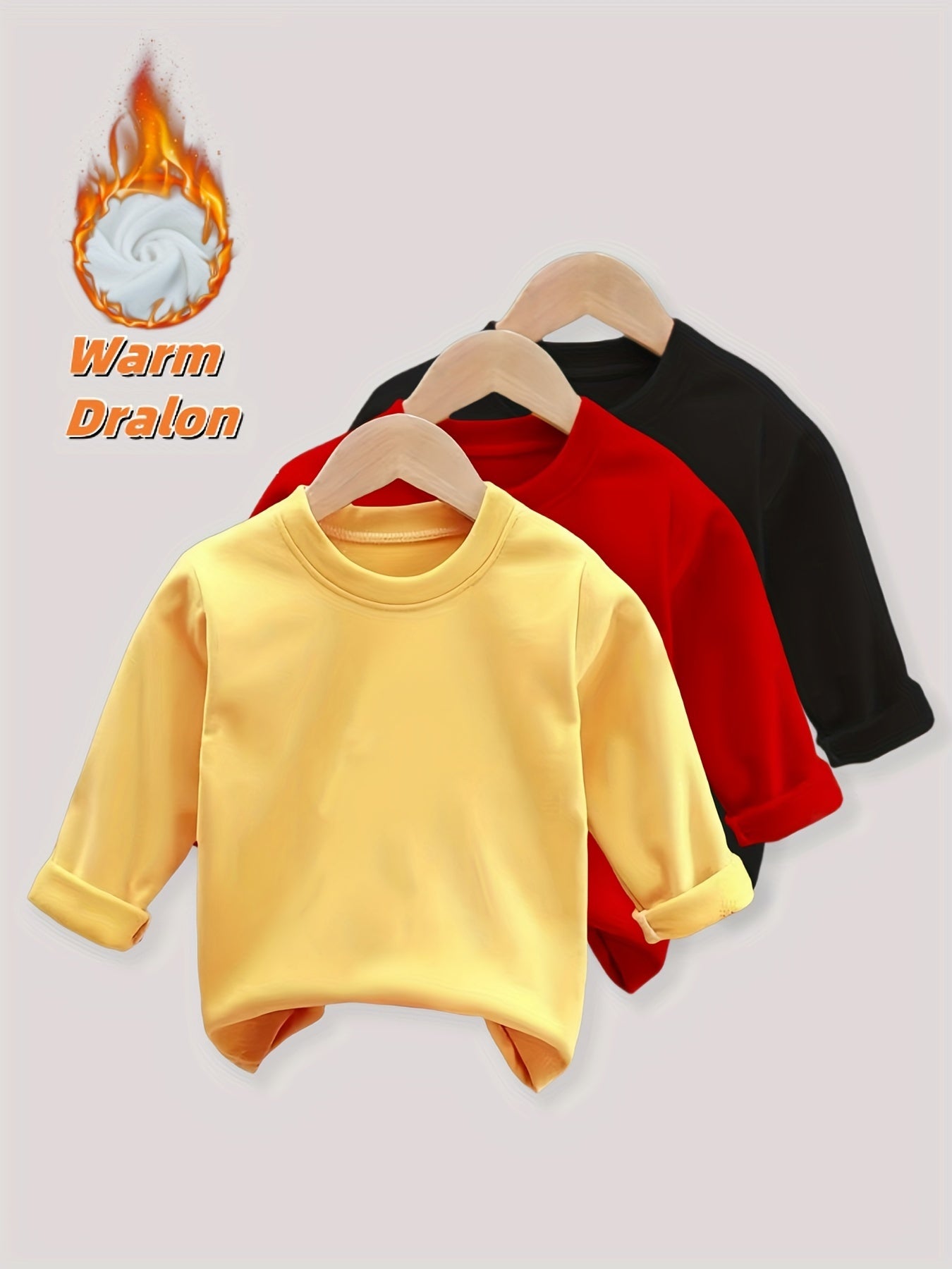 3-Pack Kids Warm Long Sleeve T-Shirts, Soft Stretchy Polyester, Regular Fit, Solid Color - Hiccupzz