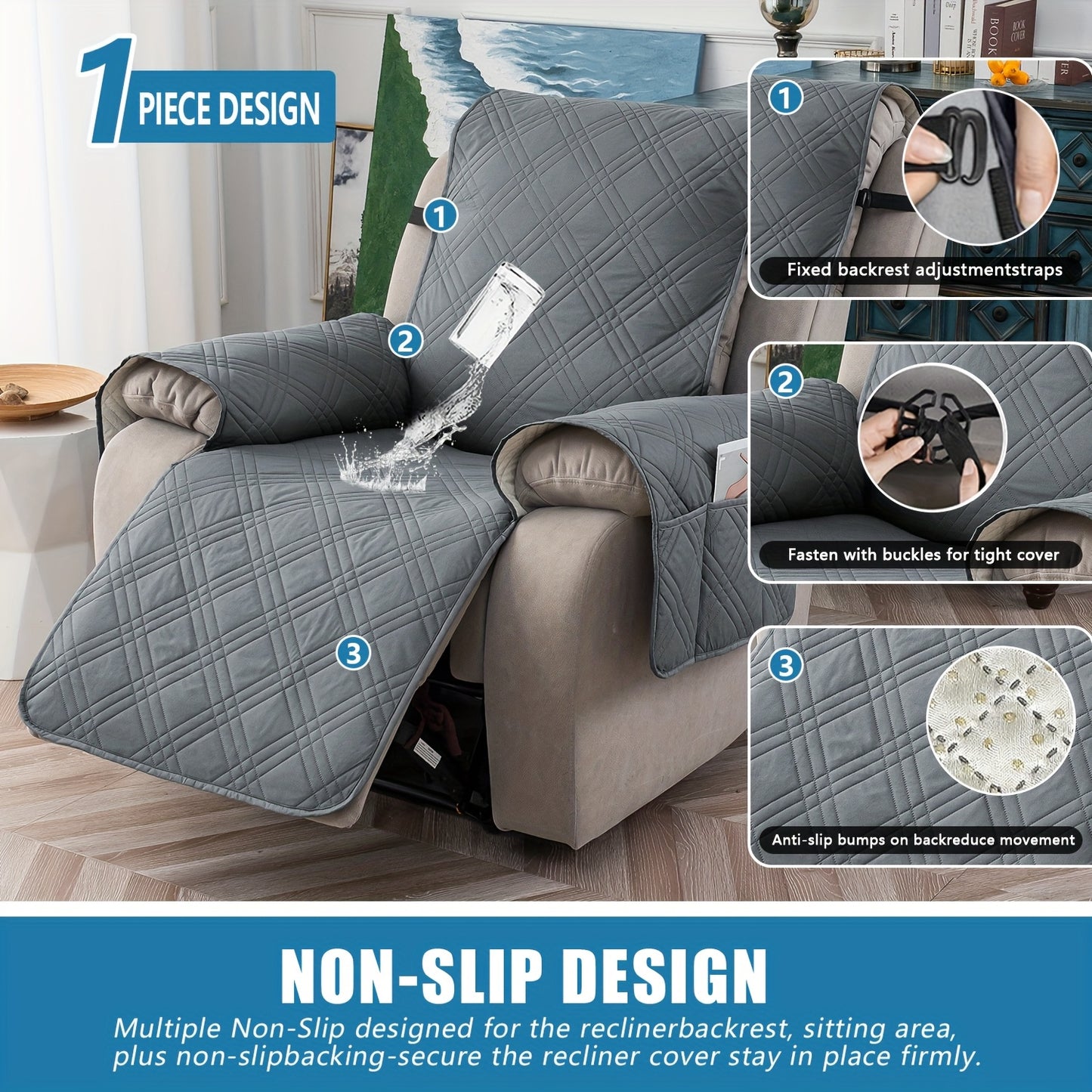 1 Pc Waterproof Recliner Chair Cover, Non-Slip, With Pocket, Washable, Furniture Protector for Pets, Easy Install & Care
