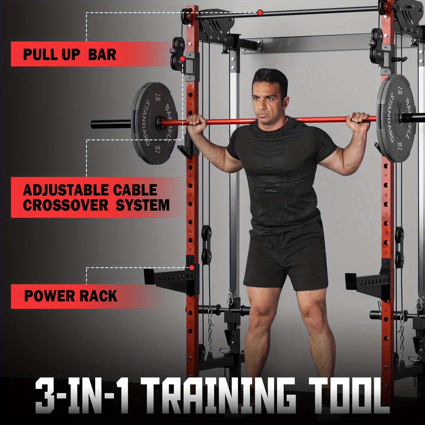 Wall Mounted Folding Squat Rack with Cable Crossover & LAT Pull Down, 5 Adjustable Modes, Space-Saving Home Gym Trainer - Hiccupzz