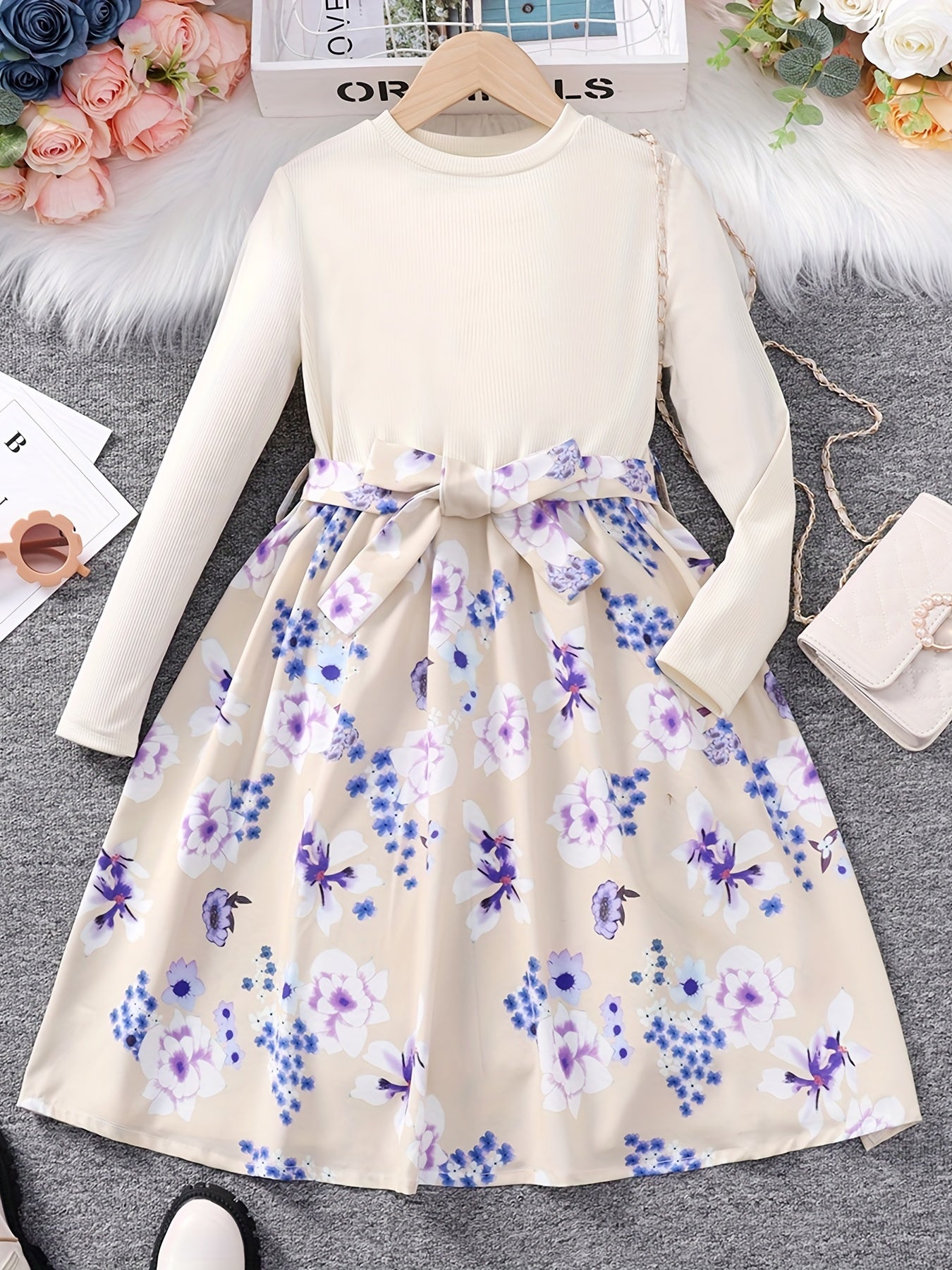 Girls' Floral Spliced Dress, Long Sleeves, Round Neck, Belted, Party Dress - Hiccupzz