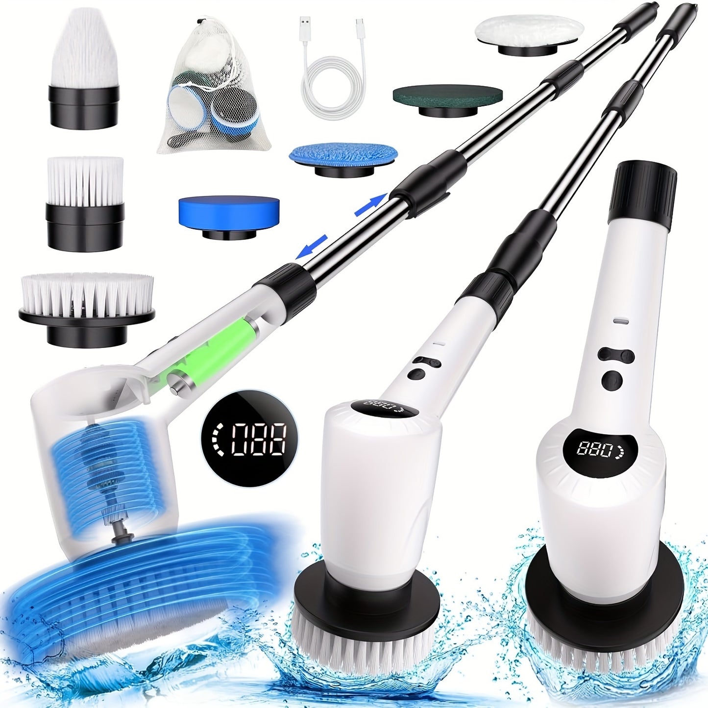 7-in-1 Cordless Electric Spin Scrubber with 4 Angles, 3 Speeds, Power Display for Bathroom, Kitchen, Shower Cleaning - Hiccupzz