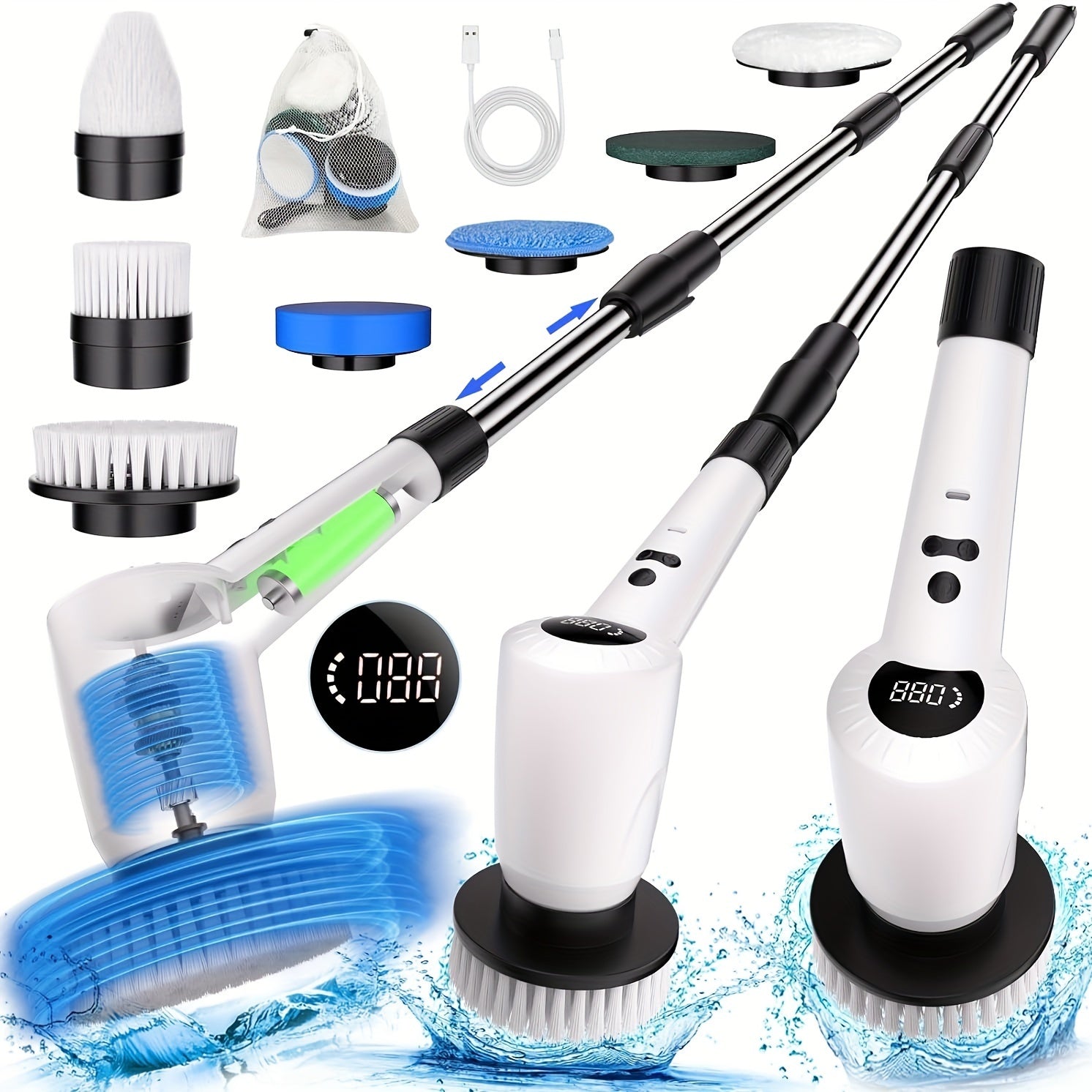 7-in-1 Cordless Electric Spin Scrubber with 4 Angles, 3 Speeds, Power Display for Bathroom, Kitchen, Shower Cleaning - Hiccupzz