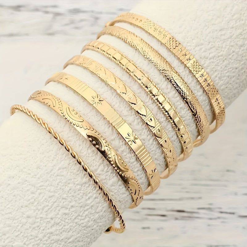 Pieces/Set Retro Ethnic Style Stacking Bracelets with Engraved Textured Openings, Adjustable Iron Bracelet Combinations - Hiccupzz