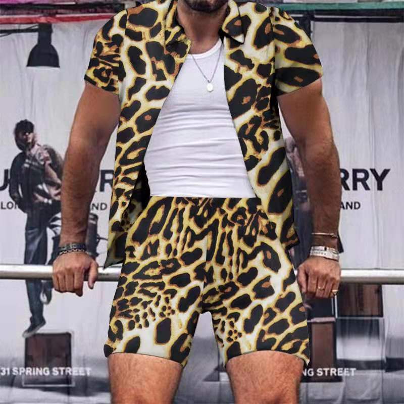 Men's Casual Comfortable Beach Leopard Print Short Sleeve Shorts Suit Two-piece Set - Hiccupzz