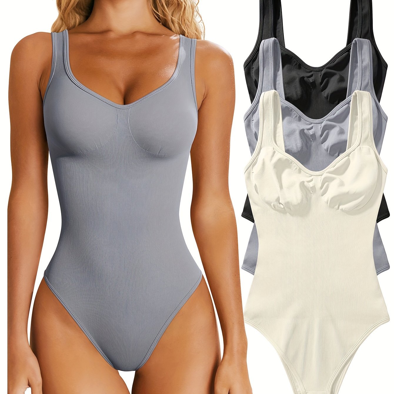 OQQ Women's 3 Piece Bodysuits Sexy Ribbed Sleeveless Shapewear Tank Tops Bodysuits - Hiccupzz