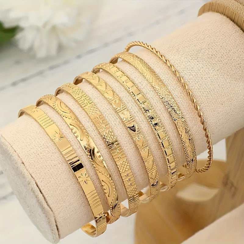 Pieces/Set Retro Ethnic Style Stacking Bracelets with Engraved Textured Openings, Adjustable Iron Bracelet Combinations - Hiccupzz