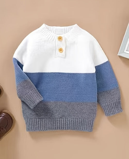 Boys Striped Knit Sweater, Mandarin Collar, Button Detail, Long Sleeve, Fall/Winter Wear - Hiccupzz
