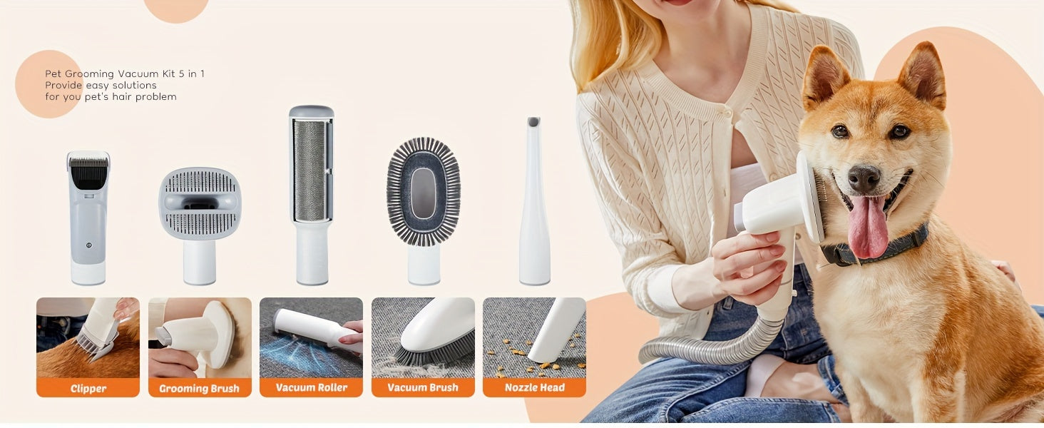 Pet Grooming Vacuum Kit 5 in 1 - Strong Suction Power, 99% Pet Hair Removal, Professional Clippers with 6 Guide Combs, Multifunctional Grooming Tools for Dogs, Cats, and Other Animals - Hiccupzz