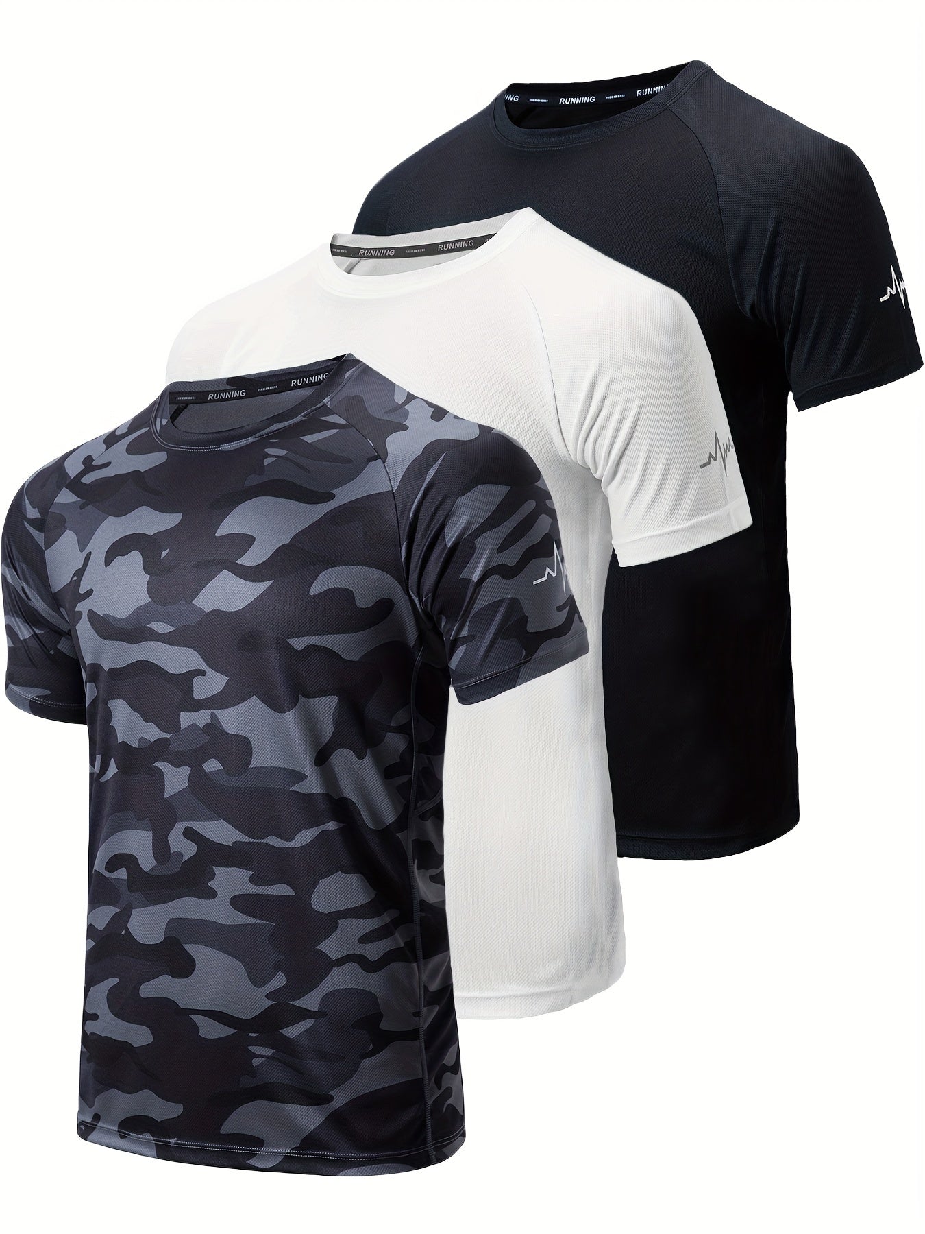 3-Pack Men's Athletic Short Sleeve Crew Neck Shirts - Moisture-Wicking Undershirts with Electrocardiography Print - Hiccupzz
