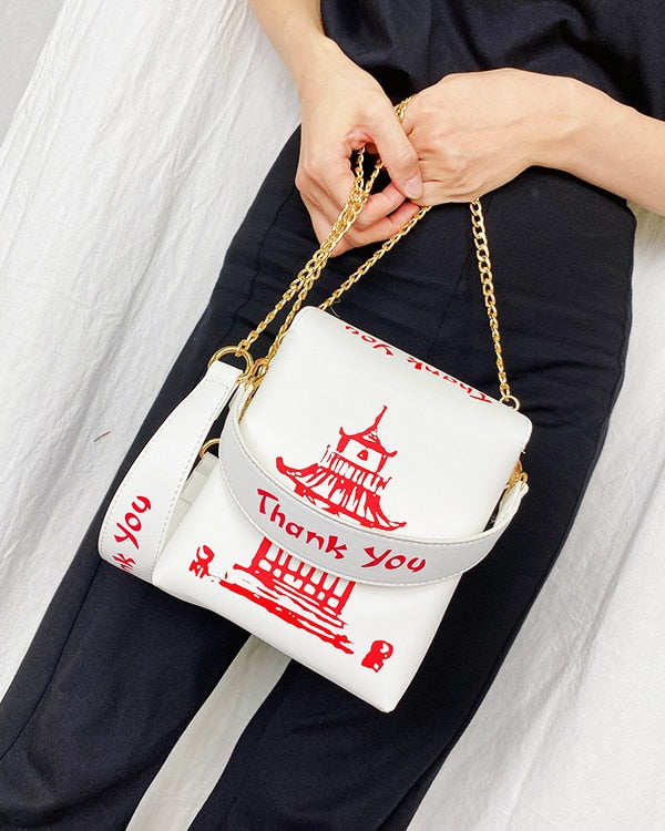 Chinese Takeout Box Purse Pu Leather Women Handbag Fashion Crossbody Bag Shoulder Chain Bag for Girl Bucket Bag - Hiccupzz
