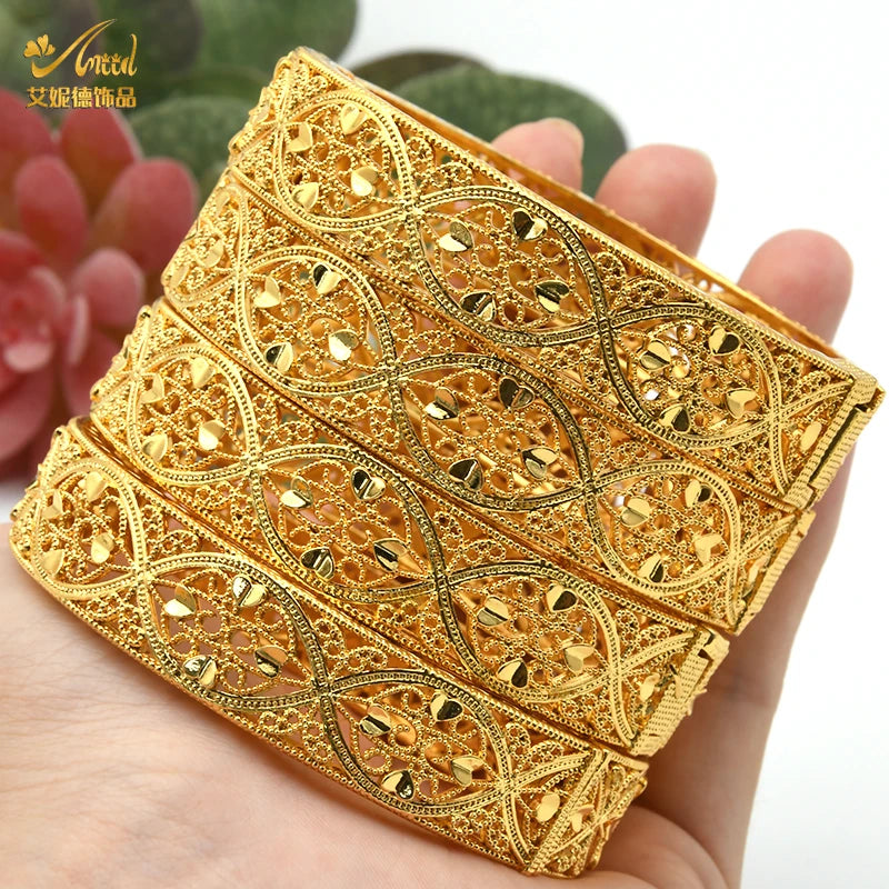 Women Charm Bracelet Bangle, 24K Gold Color Jewelry, Dubai Flower Bangle Brand, African Designer Ethiopian Hawaiian Jewelry - Hiccupzz