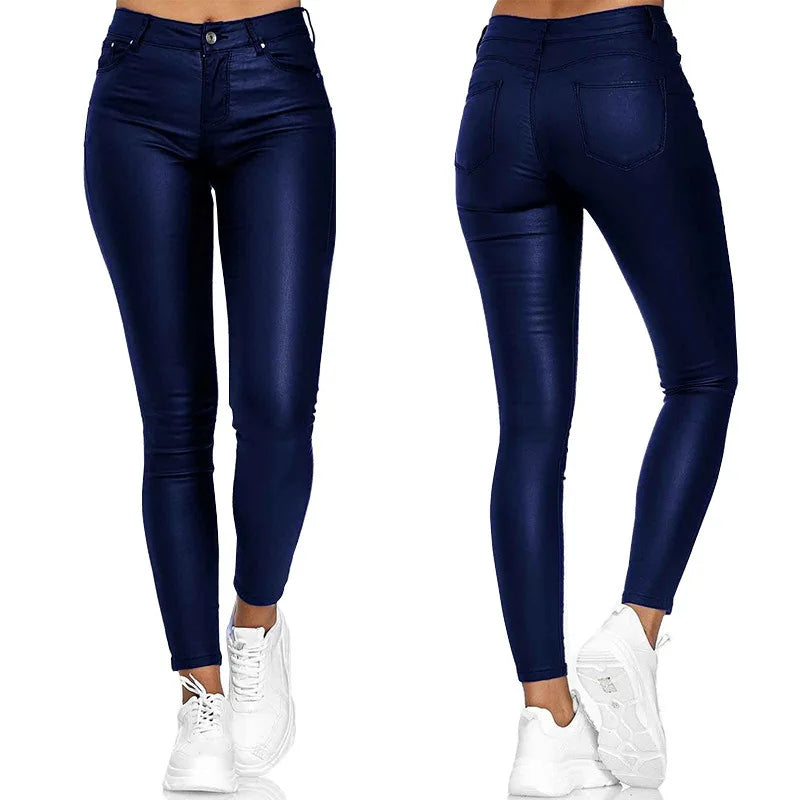 Women's High Waist PU Leather Pencil Pants – Elastic, Skinny - Hiccupzz