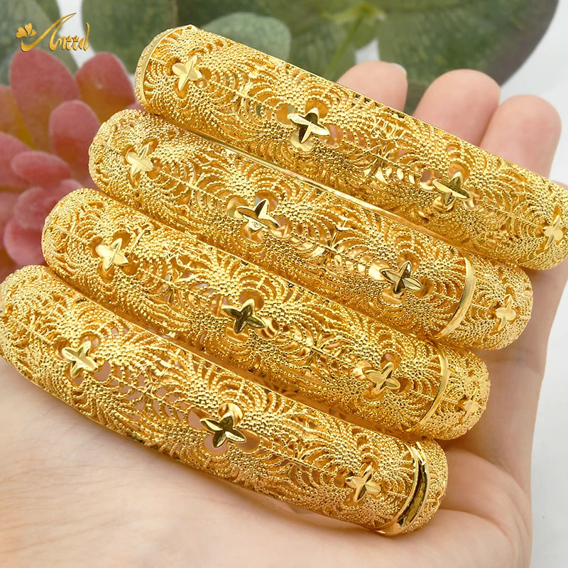 Women Charm Bracelet Bangle, 24K Gold Color Jewelry, Dubai Flower Bangle Brand, African Designer Ethiopian Hawaiian Jewelry - Hiccupzz