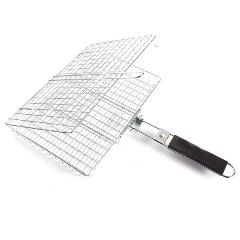 Grill Basket Folding Portable Stainless Steel BBQ Grill Basket With Handle for Fish Vegetables Shrimp Cooking Accessories - Hiccupzz