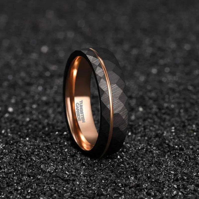 Tigrade 4mm 6mm 8mm Black Tungsten Rings for Men Women Thin Rose Gold Groove Hammered Wedding Band Ring Comfort Fit Size 5-14 - Hiccupzz