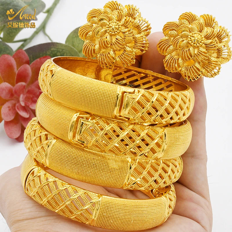 Women Charm Bracelet Bangle, 24K Gold Color Jewelry, Dubai Flower Bangle Brand, African Designer Ethiopian Hawaiian Jewelry - Hiccupzz