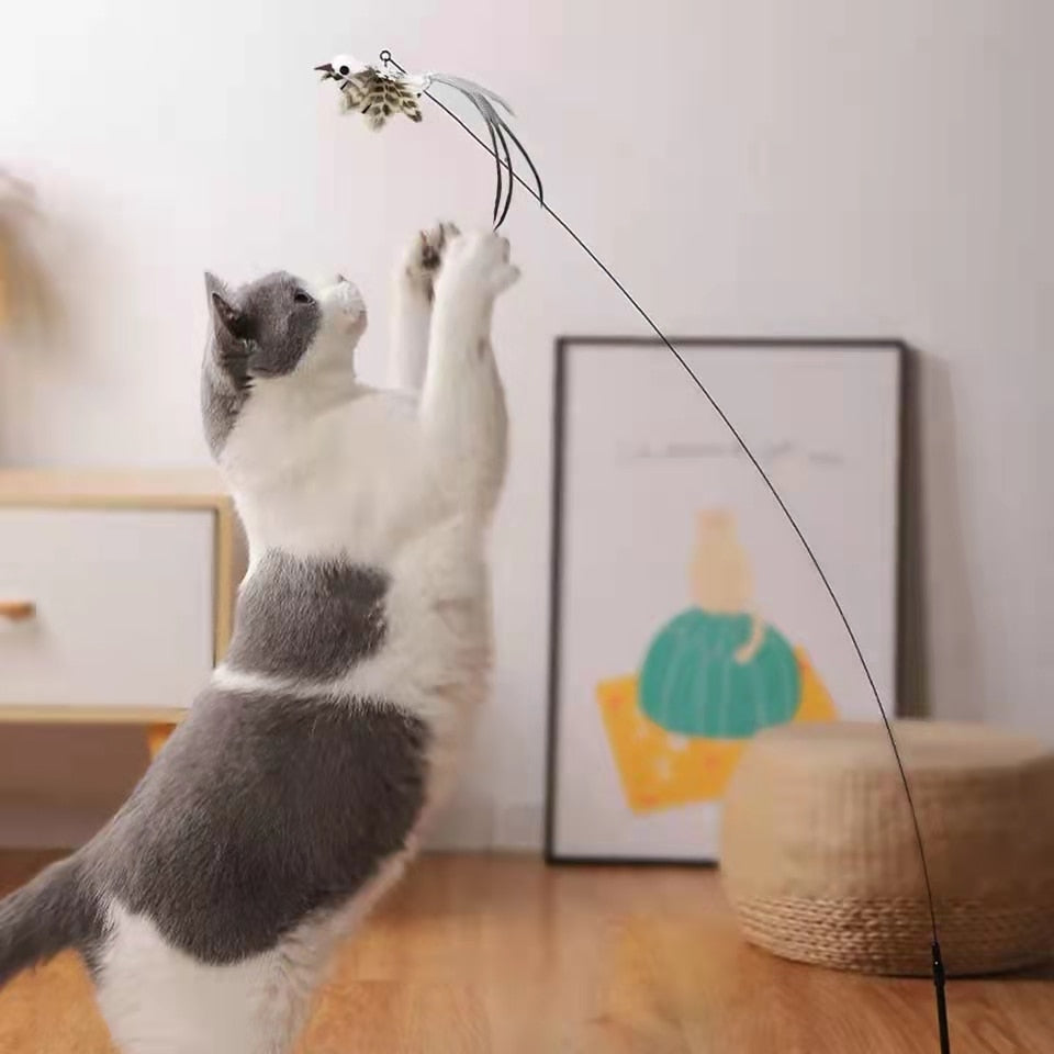 Simulation Bird Interactive Funny Cat Stick Toy Furry Feather Bird With Bell Sucker Cat Stick Toy Kitten Playing Toy - Hiccupzz