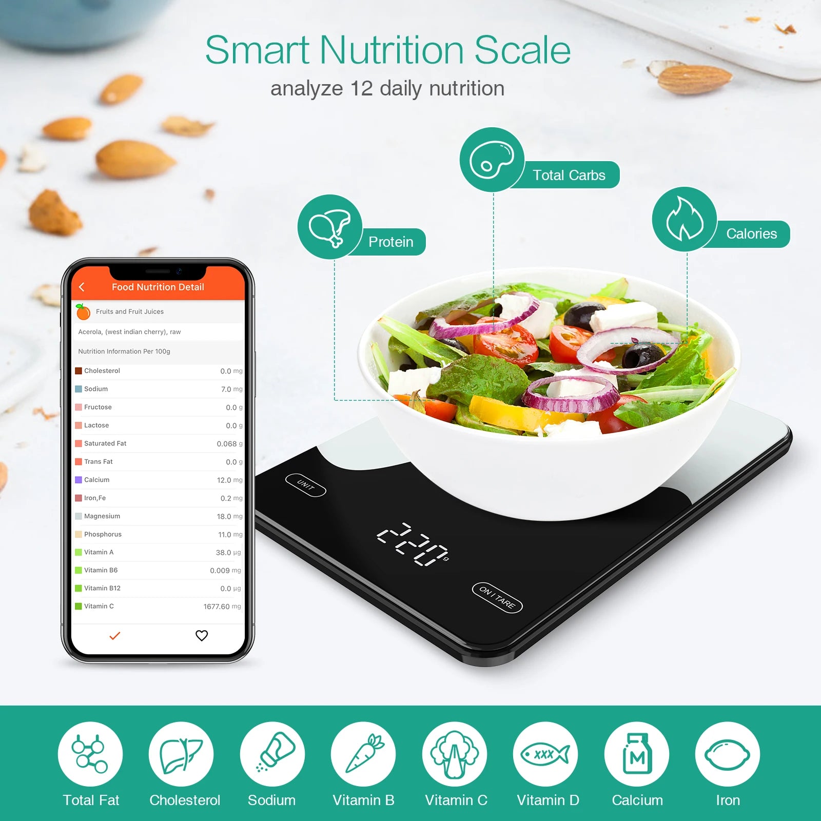 Digital Food Scale 10kg Smart Kitchen Scales with Nutrition Calculator APP Rechargeable Gram Scale for Weight Loss Baking Scales - Hiccupzz