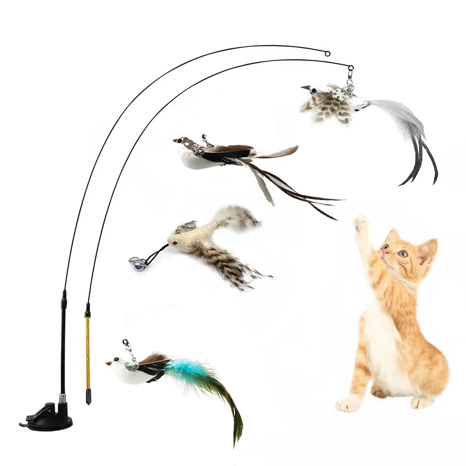 Simulation Bird Interactive Funny Cat Stick Toy Furry Feather Bird With Bell Sucker Cat Stick Toy Kitten Playing Toy - Hiccupzz